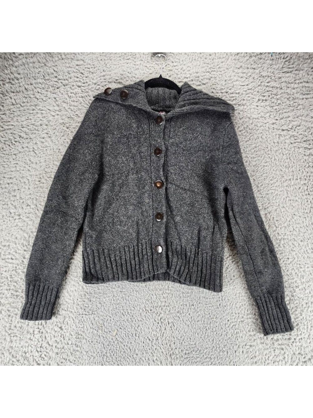 Rosanna Sweater Womens Large Petite Gray Lambs Wool Button Up Cardigan